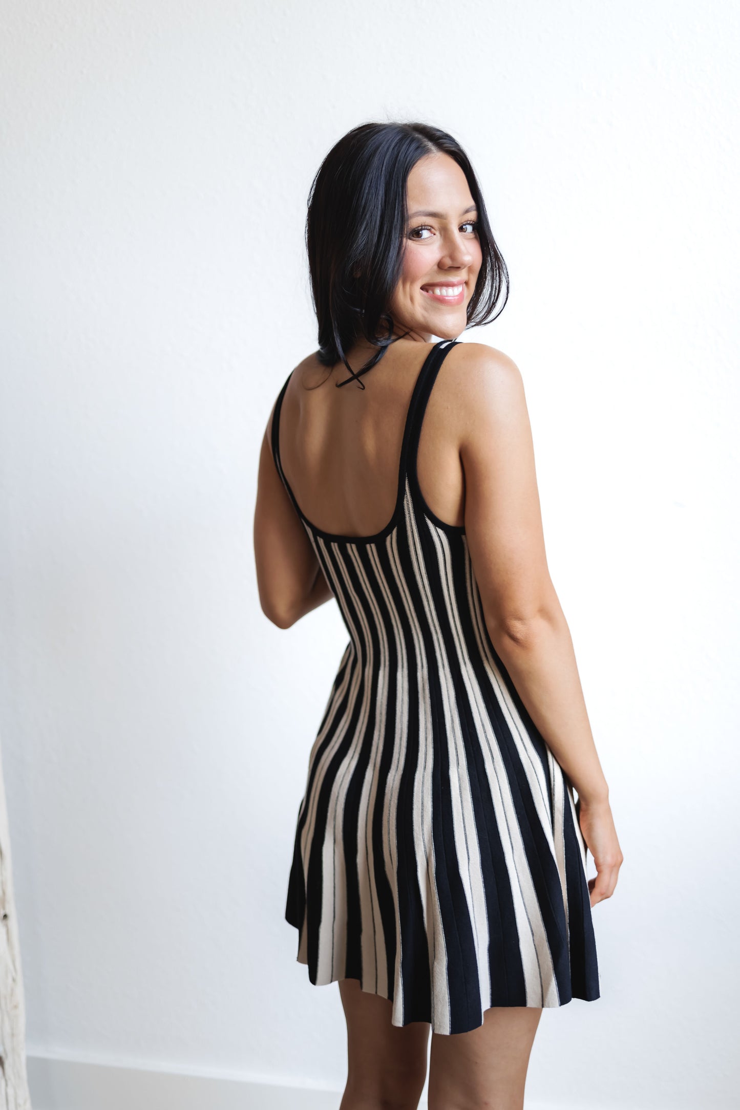 Rylan Striped Dress-Black/Ecru