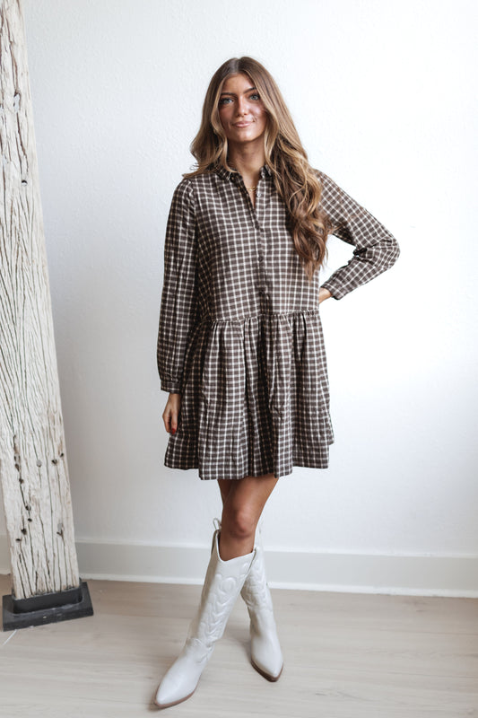 Easy Does It Plaid Dress-Coffee