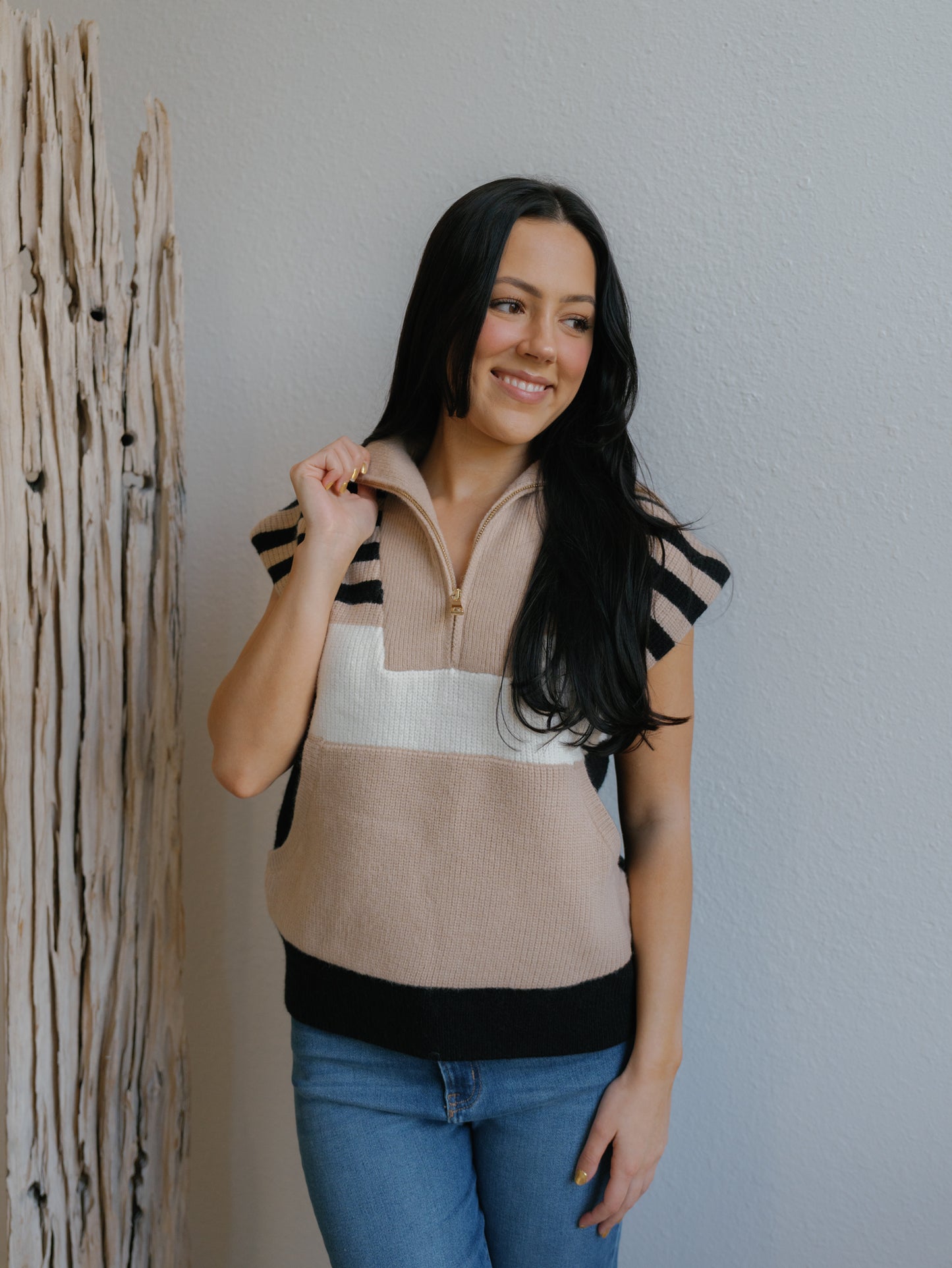 Hannah Sweater Vest-Taupe/Black/Ivory