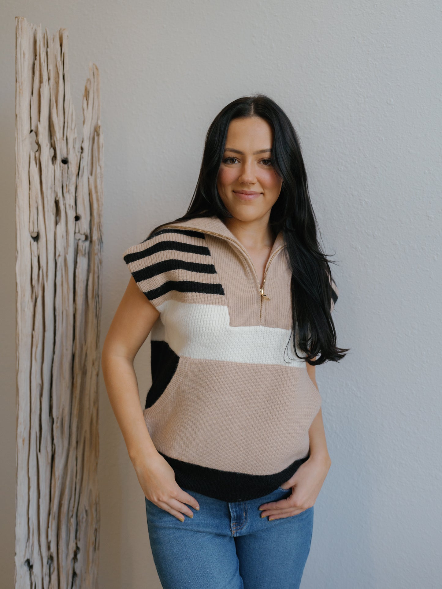 Hannah Sweater Vest-Taupe/Black/Ivory