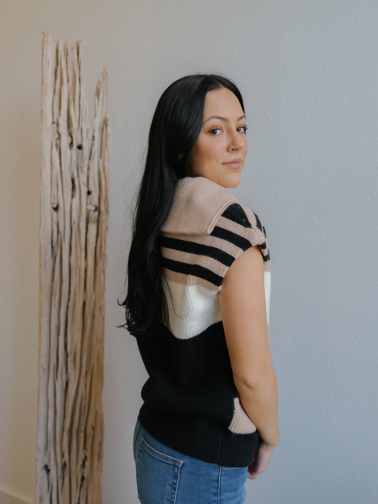 Hannah Sweater Vest-Taupe/Black/Ivory