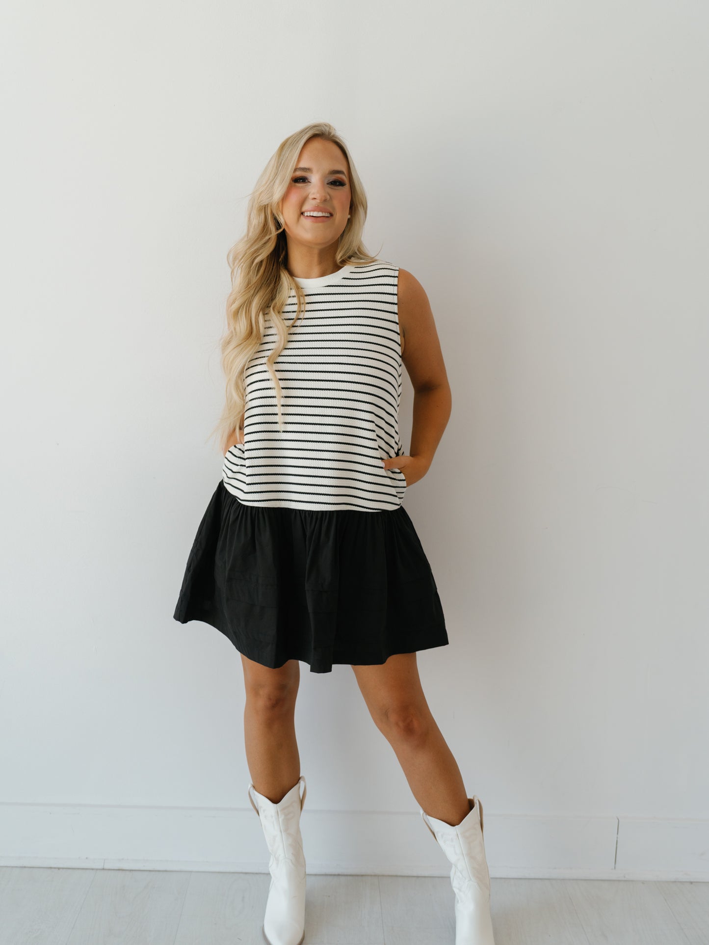 Taking Sides Dress-Black/White Stripe