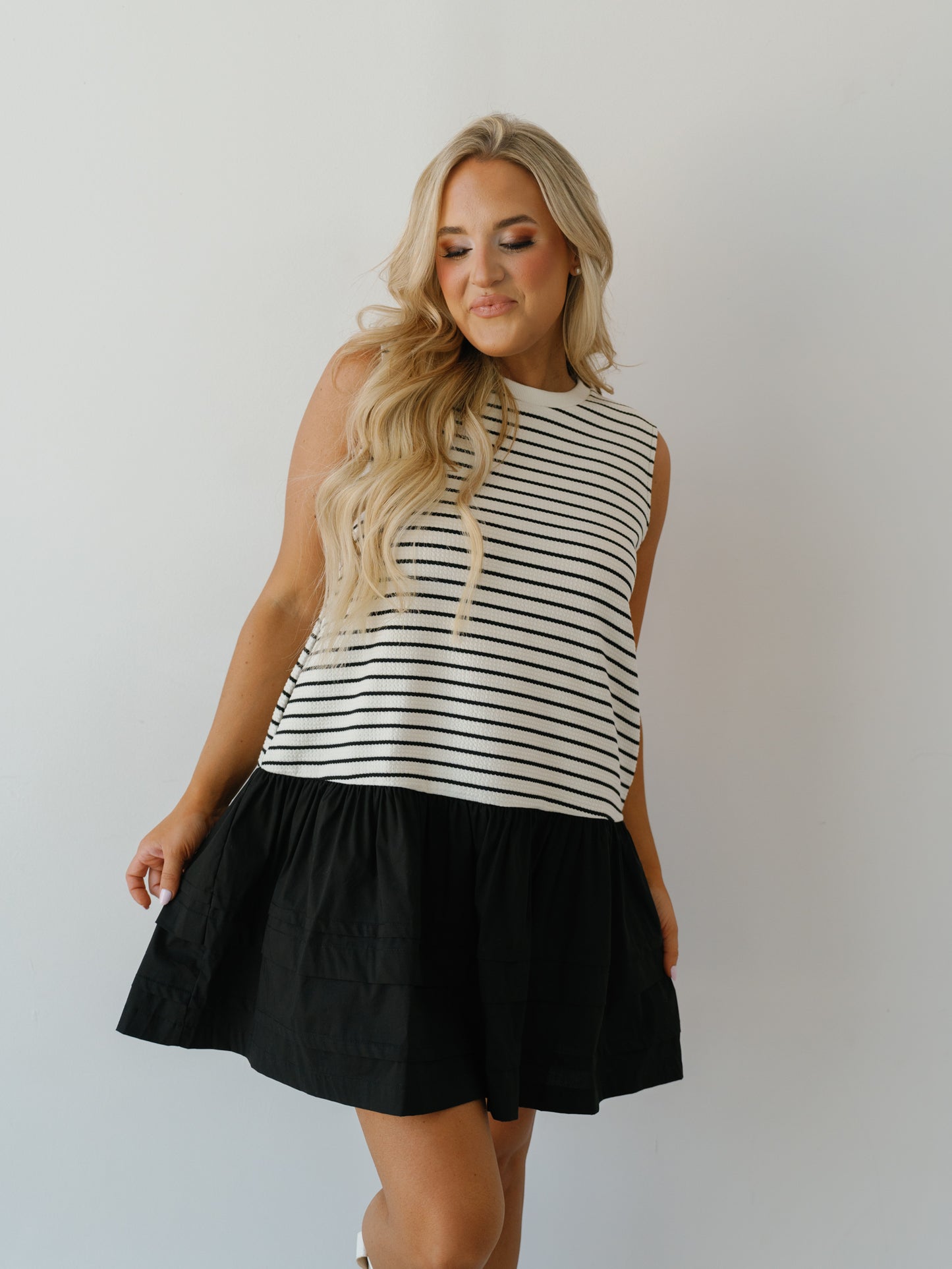 Taking Sides Dress-Black/White Stripe