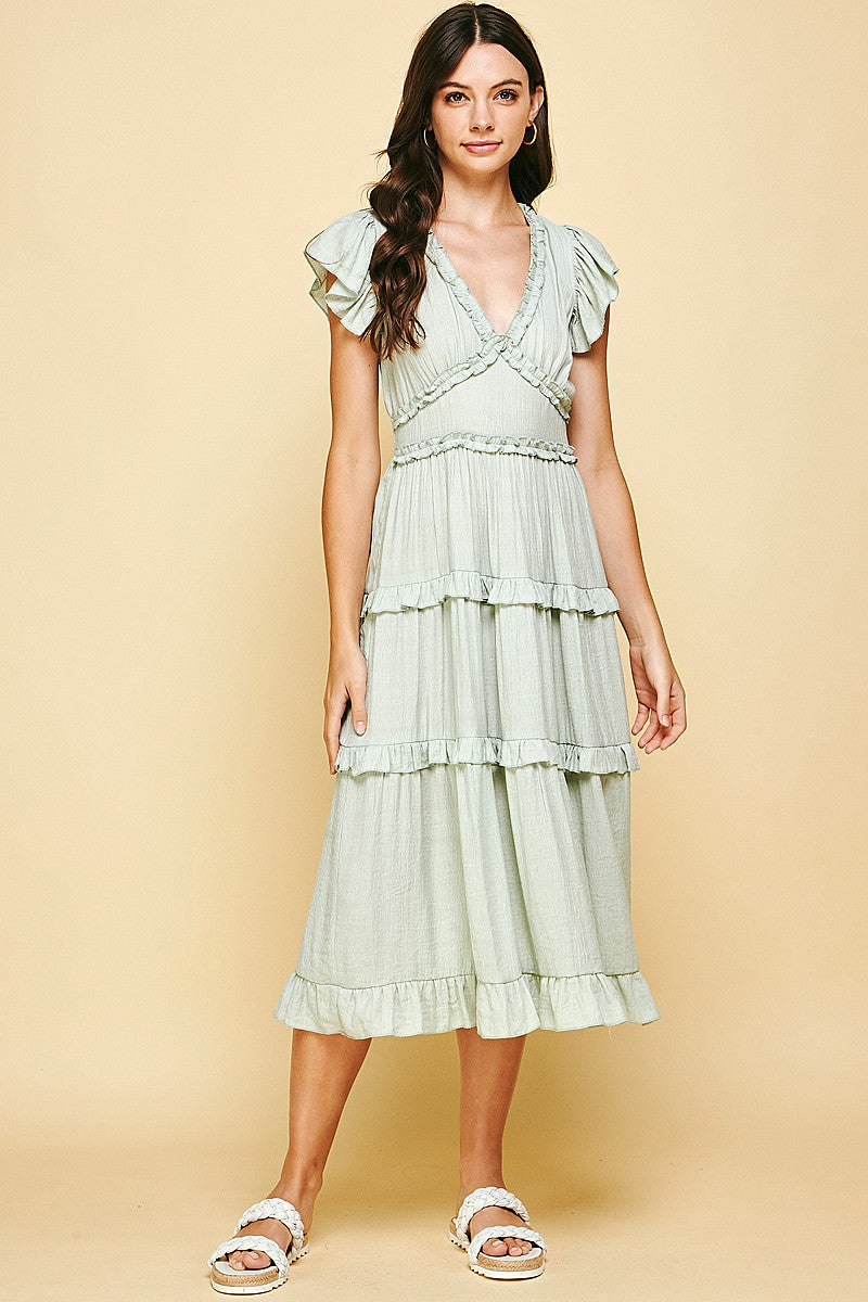 Keep In Touch Tiered Dress-Light Sage